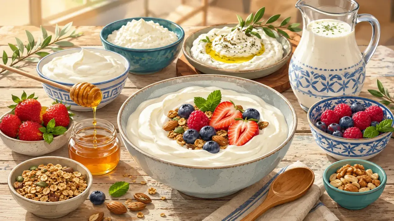 Una tavola imbandita con yogurt, frutta fresca, miele, granola e vari **formaggi** freschi, un invito a una colazione sana e gustosa.