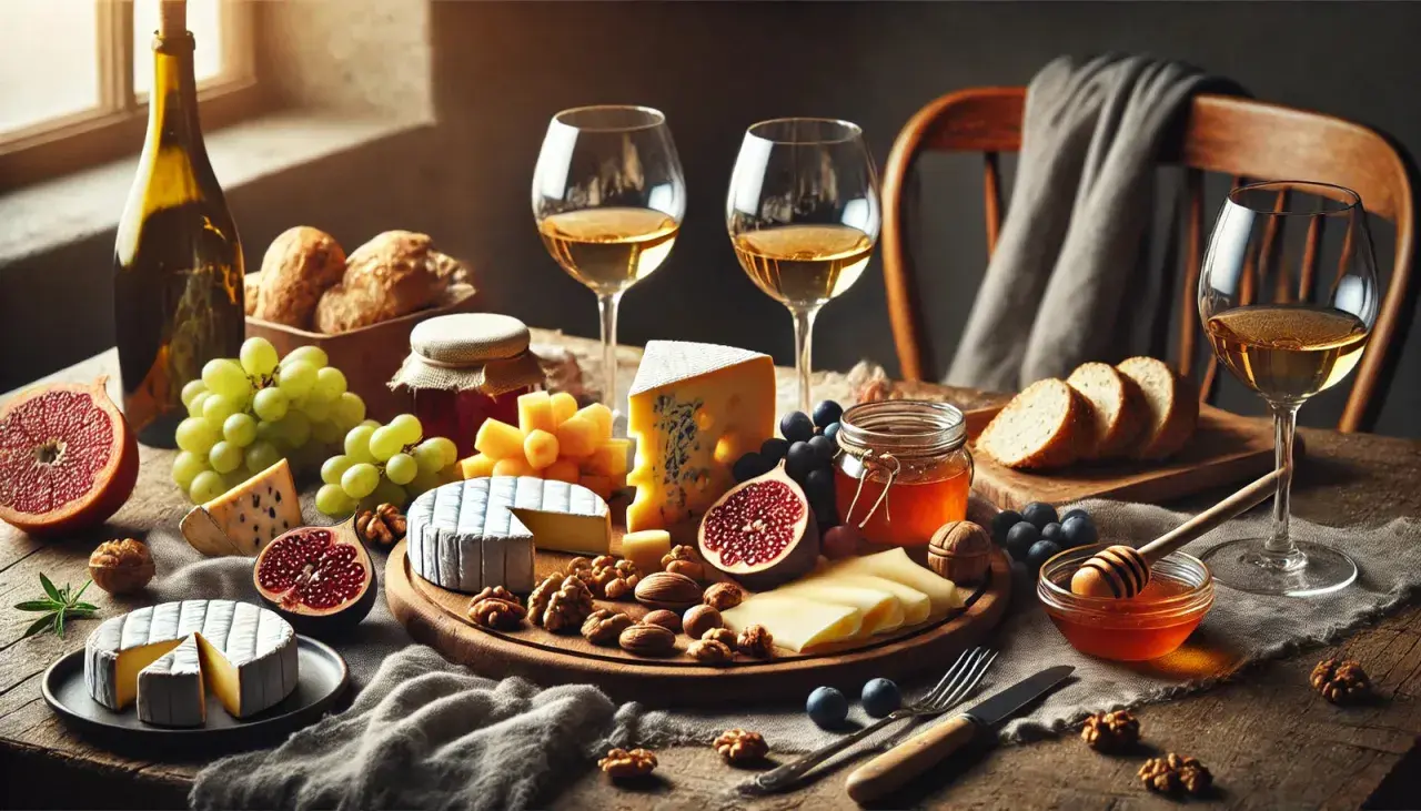 Un tavolo apparecchiato per degustazioni formaggi: vari tipi di formaggio, uva, fichi, noci, pane, miele e vino bianco.