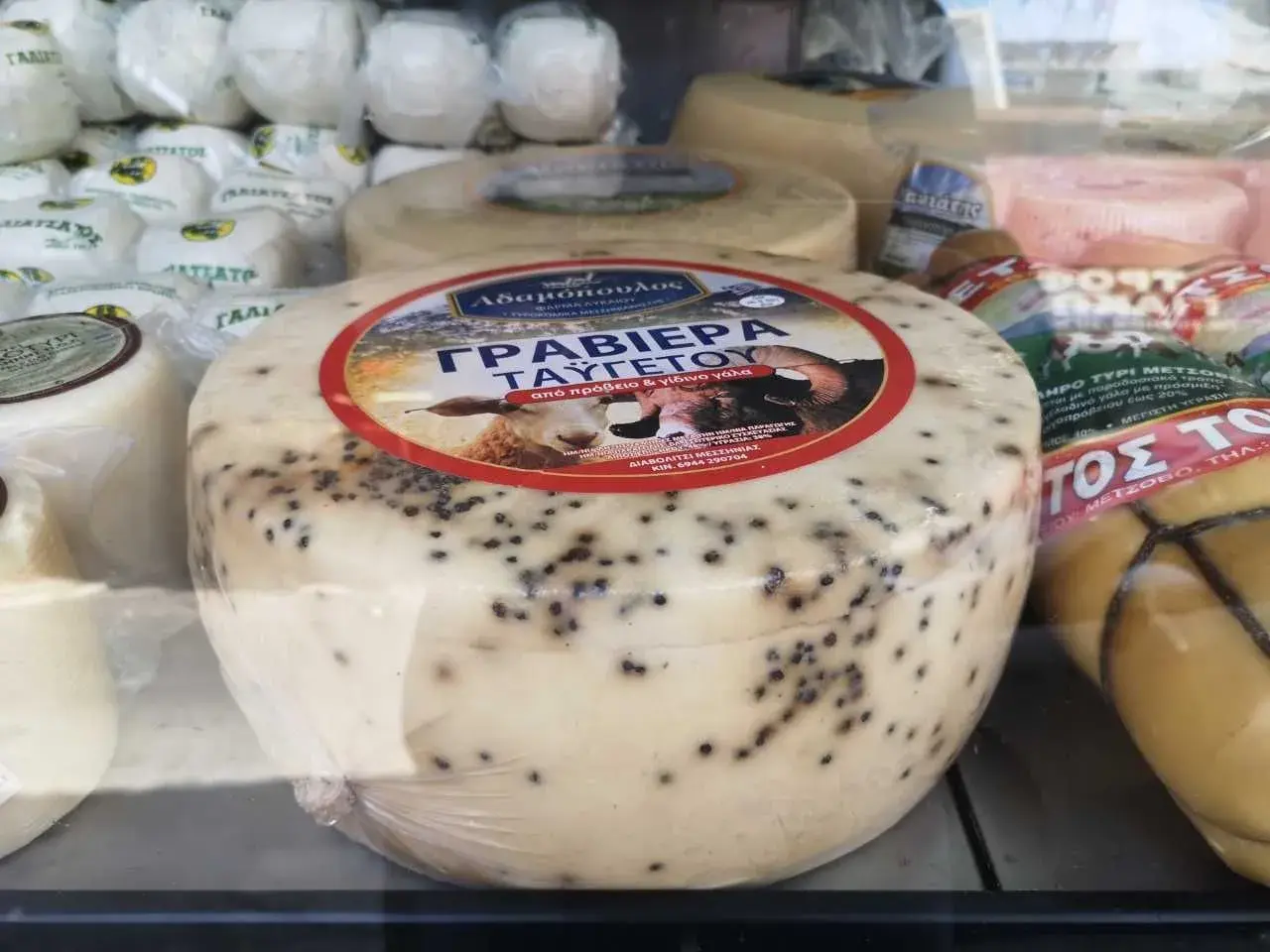 Formaggio rotondo con puntini neri, forse pepe, etichetta con pecora. Non è feta, ma una graviera greca.