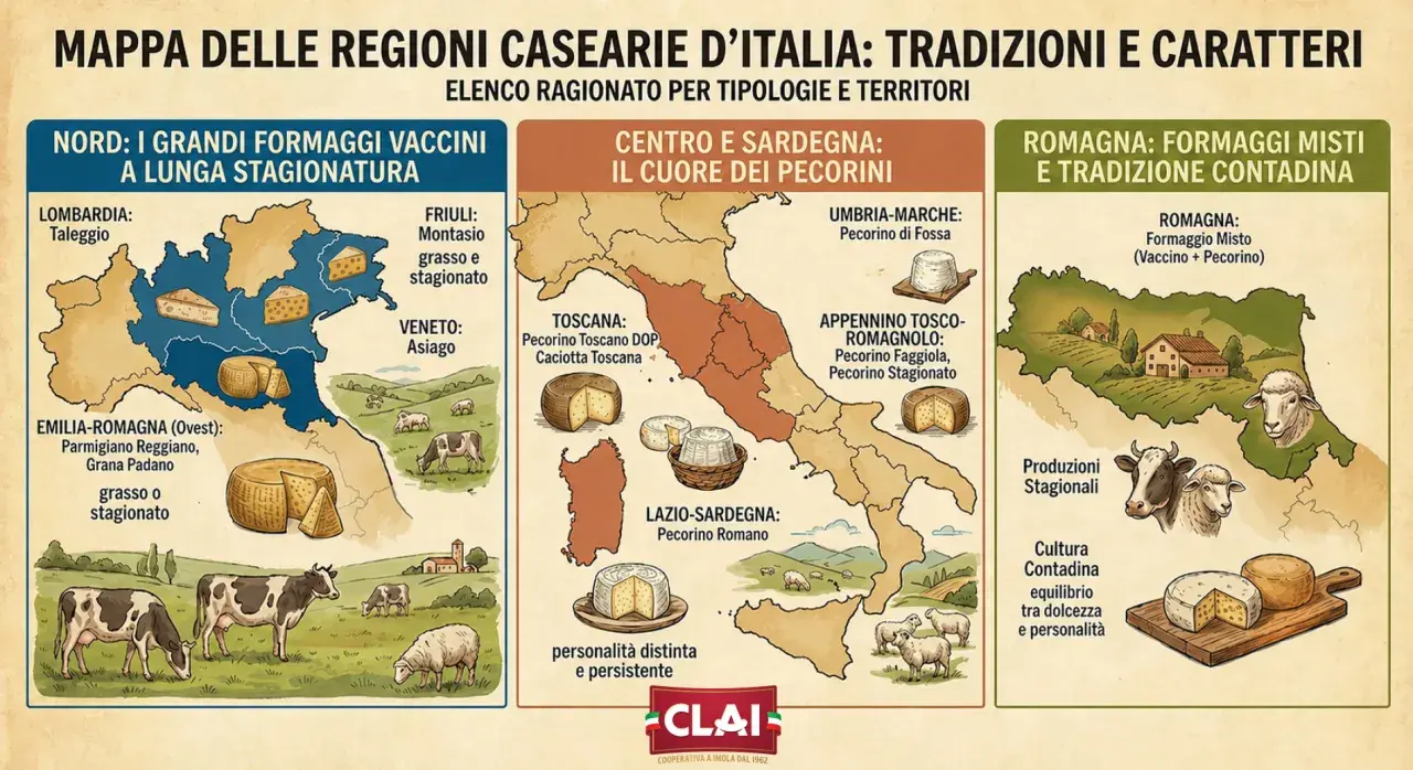 Mappa che illustra tutti i tipi di formaggio italiani, dai grandi vaccini stagionati del Nord ai pecorini del Centro-Sud, fino ai misti della Romagna.