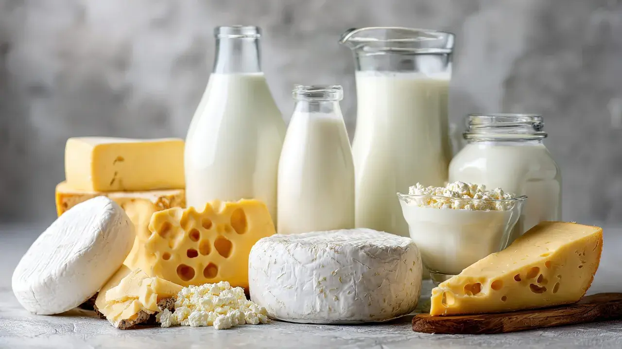 Varietà di formaggi e bottiglie di latte, un vero tripudio di cose il latte, dal fresco al stagionato.