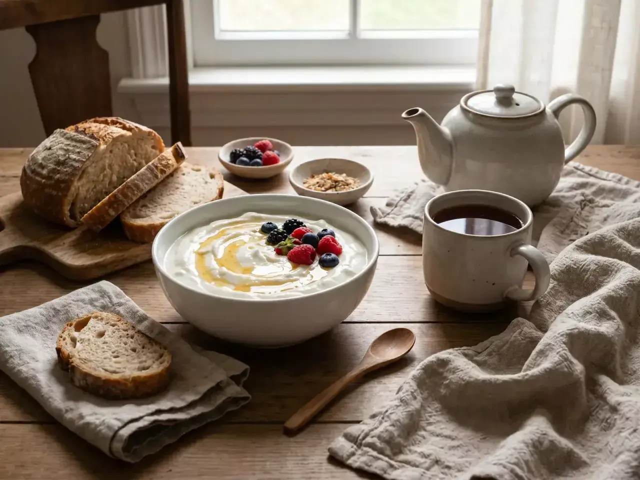 Colazione con yogurt fatto in casa, pane fresco, frutti di bosco e tè. Ecco come si fa lo yogurt: semplice e delizioso.