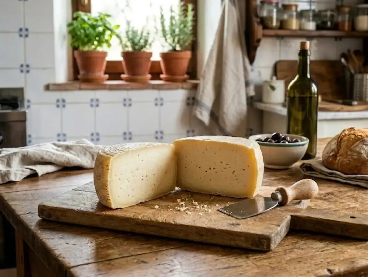 Formaggio fresco su tagliere, con pane, olive e bottiglia d'olio. Un'immagine che evoca chi fa il formaggio con passione.