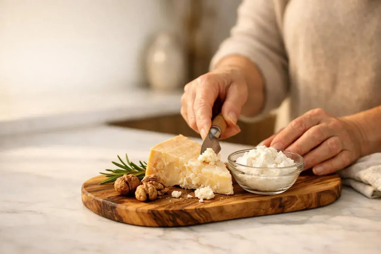 Mani che tagliano parmigiano su tagliere con noci e rosmarino. Un aiuto per chi soffre di artrosi.