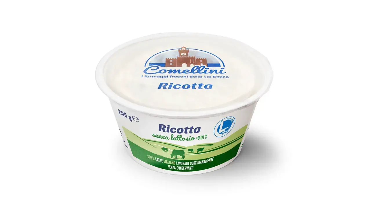 Ricotta Comellini senza lattosio, 200g. Un formaggio fresco che, come la ricotta, contiene caseina, ideale per chi cerca leggerezza.