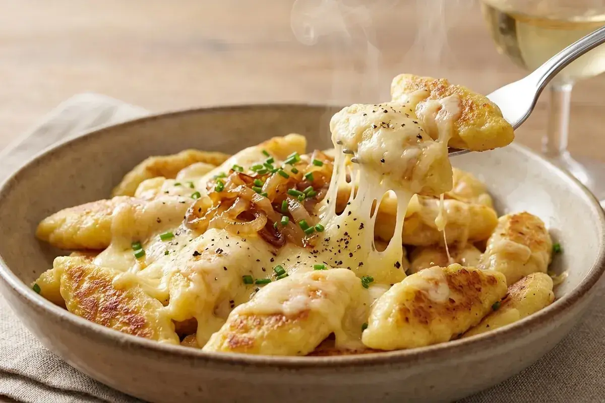 Gnocchi dorati ricoperti di formaggio fuso filante, cipolle caramellate e erba cipollina. Una deliziosa ricetta per un piatto confortante.