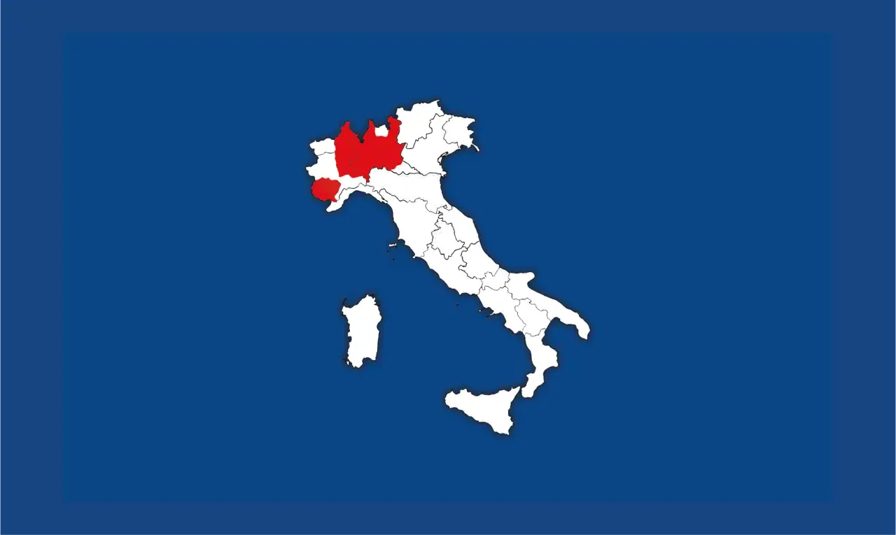 Mappa dell'Italia con evidenziate le regioni dove fanno il gorgonzola: Lombardia, Piemonte e Veneto.