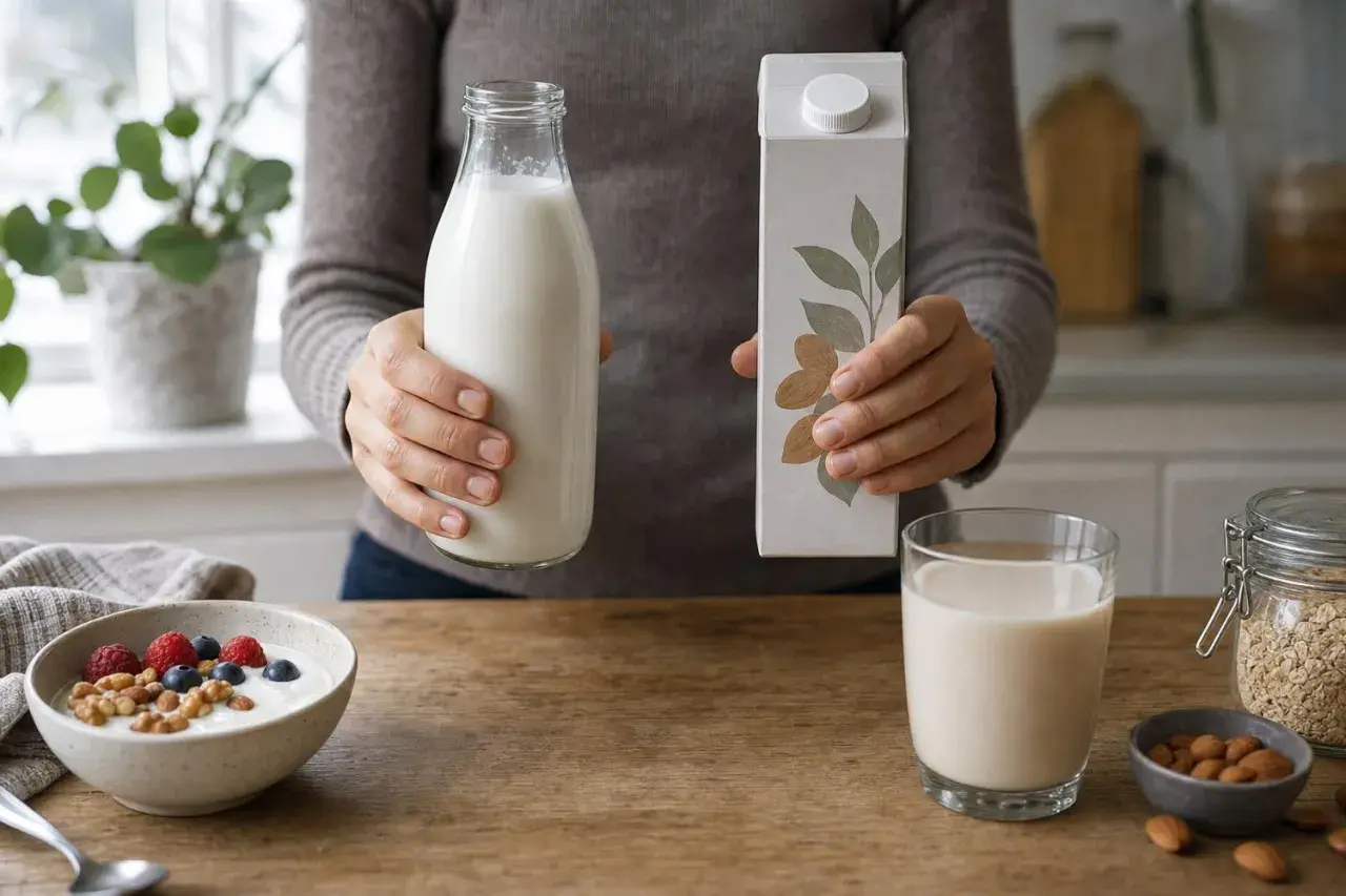 Una persona tiene una bottiglia di latte e un cartone di latte di mandorla. Sul tavolo ci sono una ciotola di yogurt con frutta e noci, un bicchiere di latte e ingredienti per la colazione. Le pecore fanno il latte sempre, ma qui si celebra il latte ve...