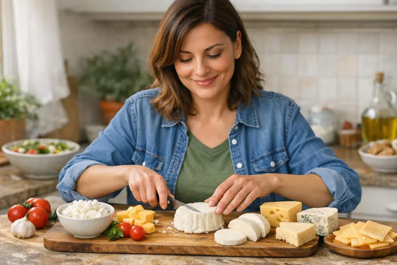 Donna sorridente prepara un tagliere di formaggi, tra cui un formaggio spalmabile, pensando a come gestire il colesterolo con gusto.