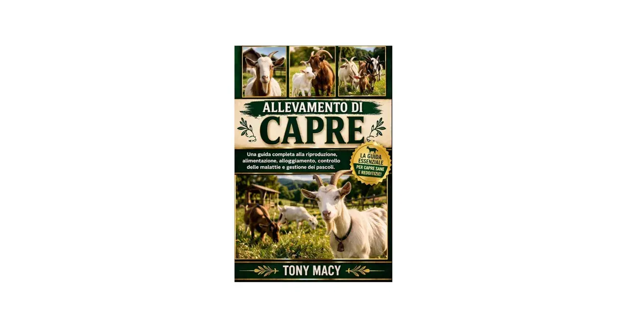 Copertina libro "Allevamento di capre", con immagini di capre siciliane e dettagli su riproduzione, alimentazione e salute.