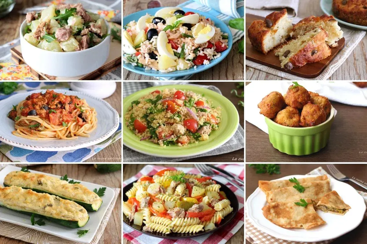 Nove piatti diversi, tra cui insalate di patate e tonno, pasta, couscous e frittelle. Attenzione: tonno e formaggio insieme fa male!