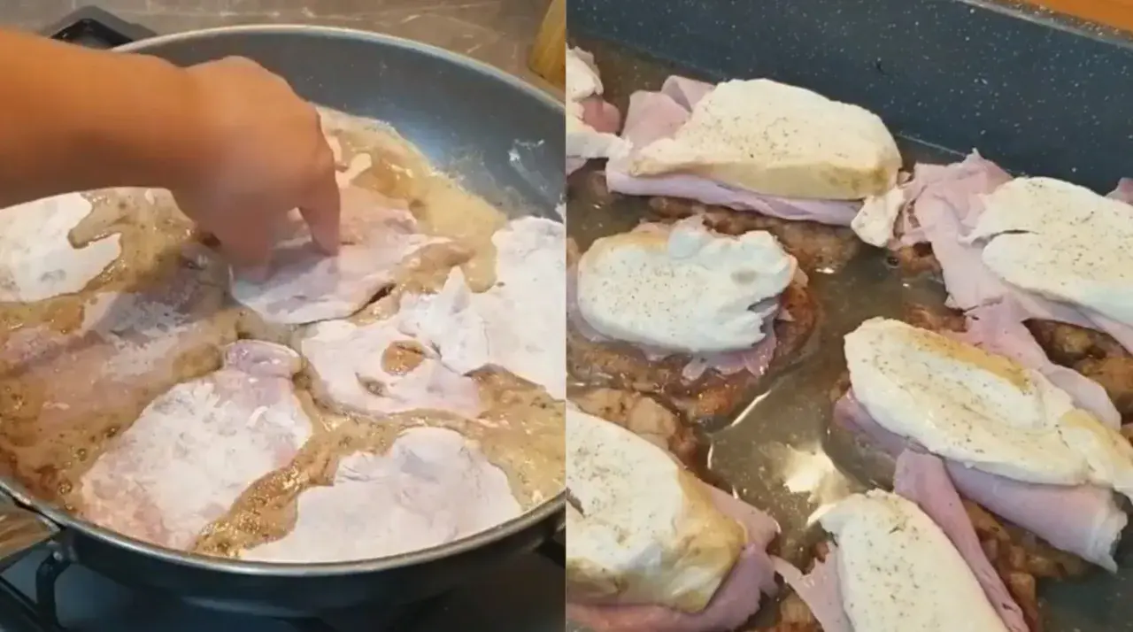 Scaloppine alla valdostana in padella e poi in teglia con prosciutto e fontina.