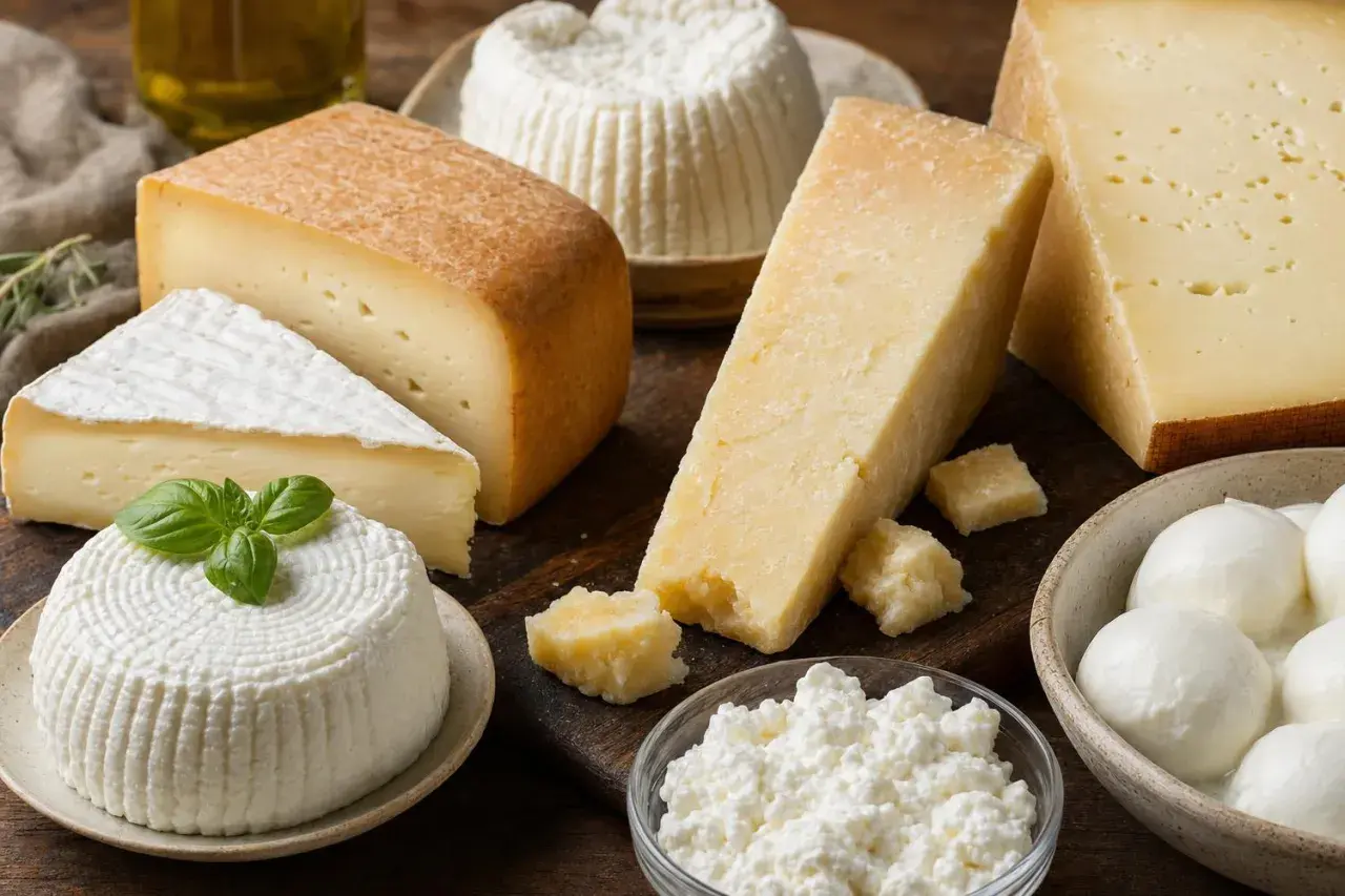 Varietà di formaggi, alcuni con più colesterolo, tra cui mozzarella, ricotta e parmigiano, disposti su un tagliere di legno.