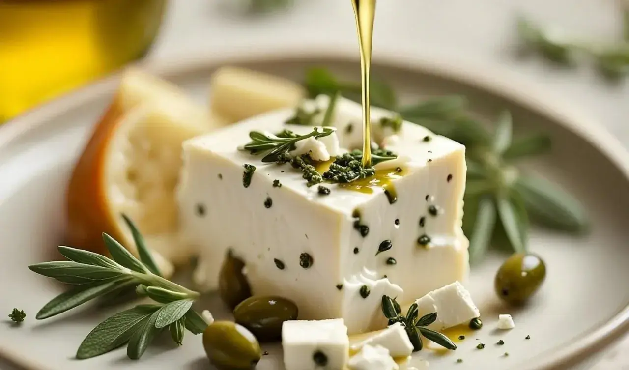 Un blocco di feta grassi, condito con erbe aromatiche e olive, viene irrorato con olio d'oliva dorato.