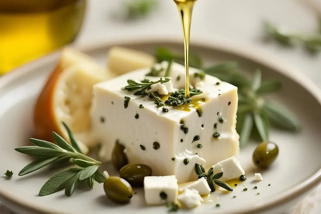 Un blocco di la feta, condito con erbe aromatiche e pepe, viene irrorato da un filo d'olio d'oliva dorato. Olive verdi e rametti di rosmarino completano la composizione su un piatto chiaro.