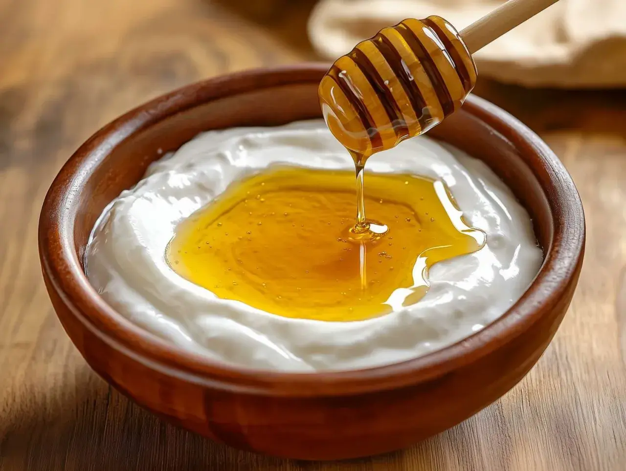 Un cucchiaio di miele cola su uno yogurt cremoso in una ciotola di legno. Attenzione, yogurt e miele fa ingrassare se consumati in eccesso!