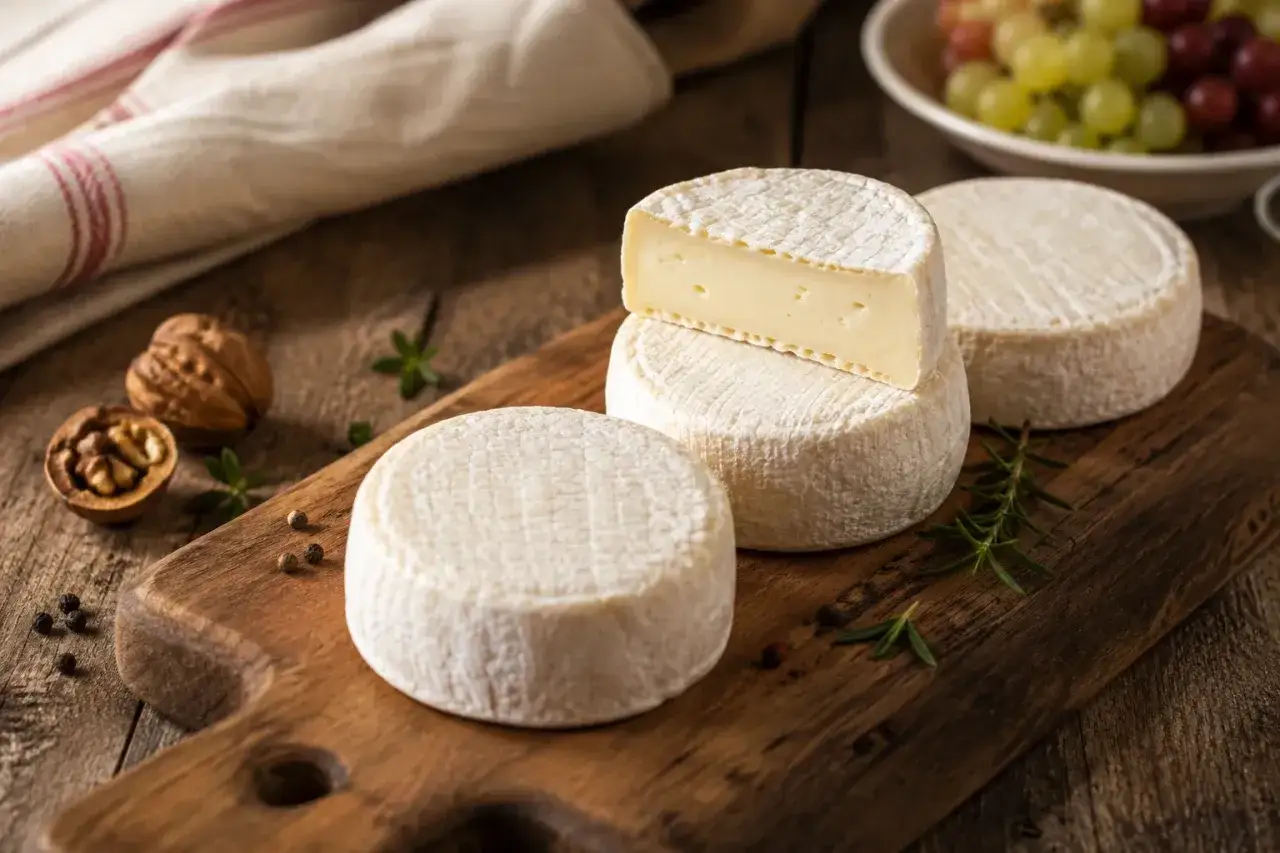 Formaggi freschi su tagliere di legno, con noci e rosmarino. Un tomino colesterolo, perfetto per un aperitivo gustoso.