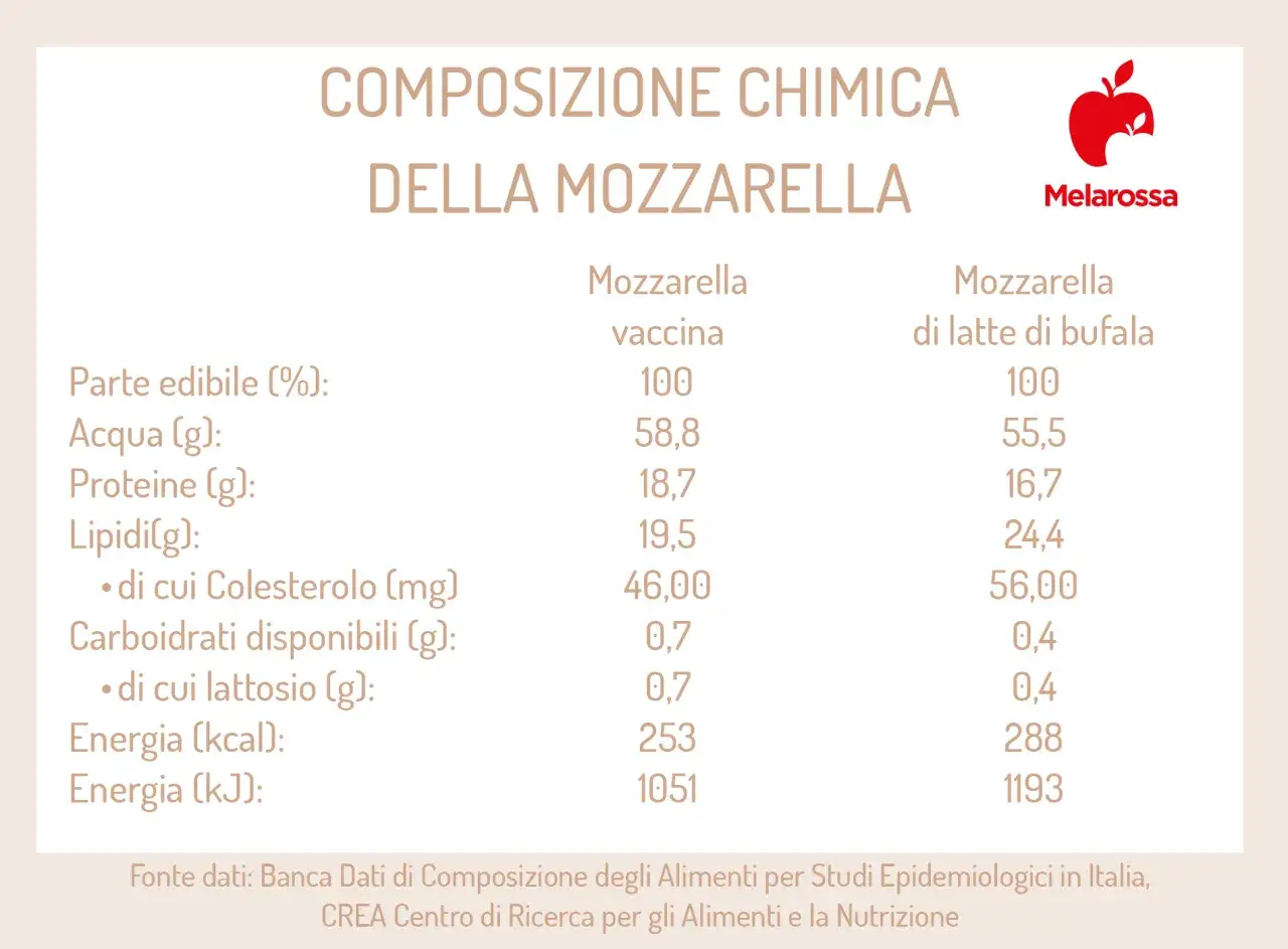 Tabella comparativa: mozzarella vaccina vs. bufala. Scopri le calorie e i valori nutrizionali per 100g.