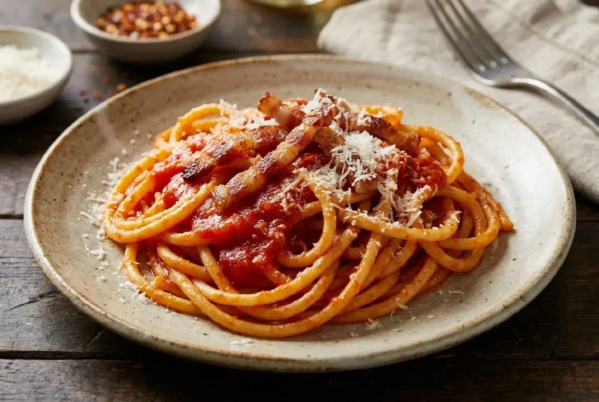 Un piatto di pasta all'amatriciana fumante, con guanciale croccante e abbondante sugo rosso, spolverato di pecorino.