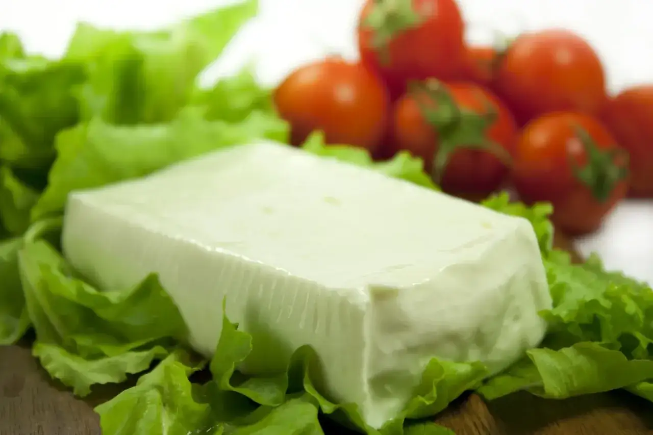 Un blocco di stracchino cremoso su un letto di lattuga fresca, con pomodorini rossi sullo sfondo.
