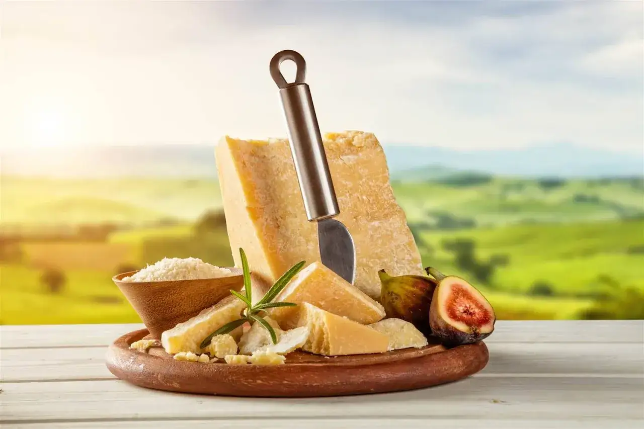 Formaggi stagionati con poco sale, tagliati a spicchi e grattugiati, accompagnati da fichi freschi su un tagliere in legno, con sfondo di colline verdi.