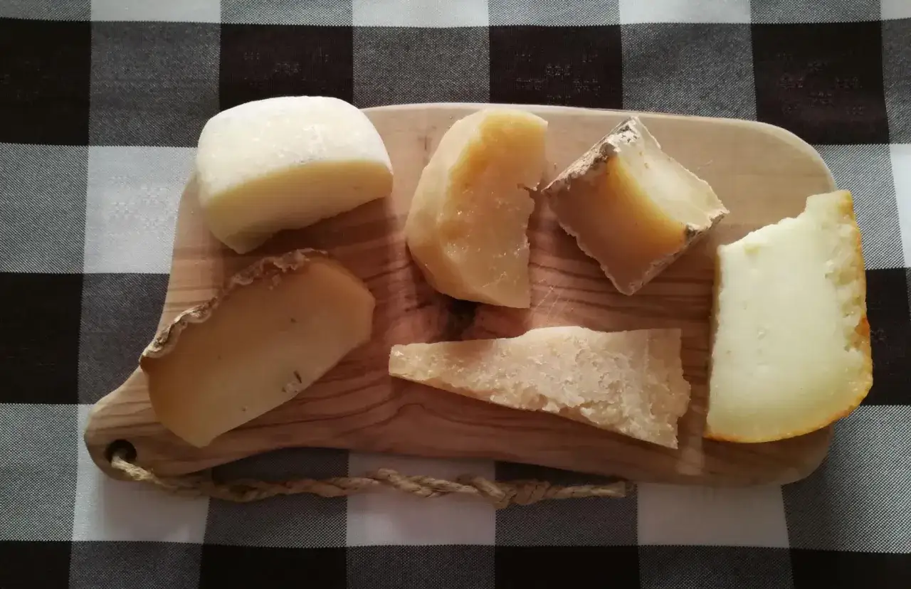 Assaggio di formaggi su tagliere di legno, pronti per una scheda di degustazione. Diverse forme e stagionature.