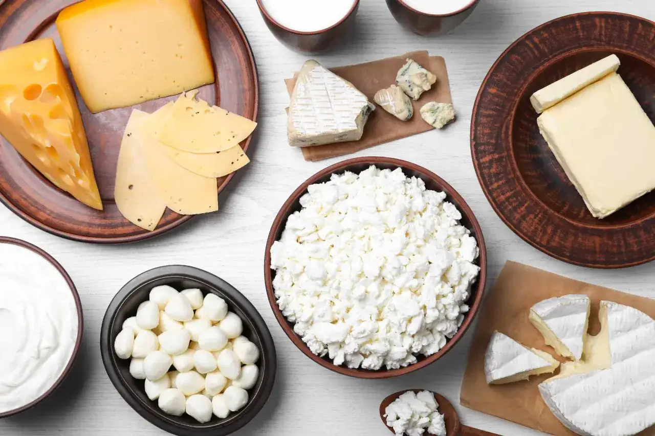 Varietà di formaggi freschi e stagionati, tra cui un quark formaggio simile in una ciotola, mozzarelline, brie, formaggio svizzero e burro.