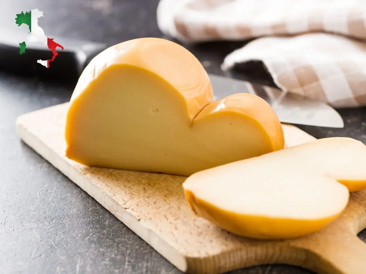 Scamorza affumicata su tagliere, un formaggio italiano delizioso ma attenzione, la scamorza fa ingrassare!